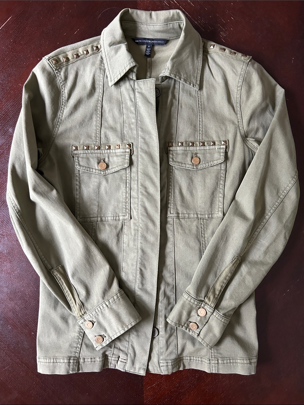 White House Black Market Olive Utility Jacket with Stud Trim